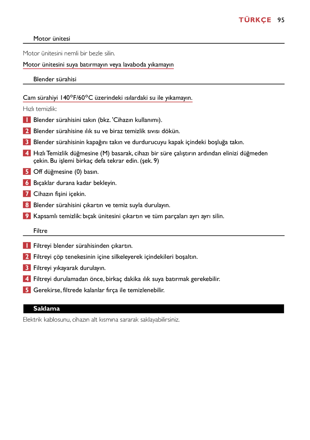 Philips HR1741, HR1747 manual Saklama 