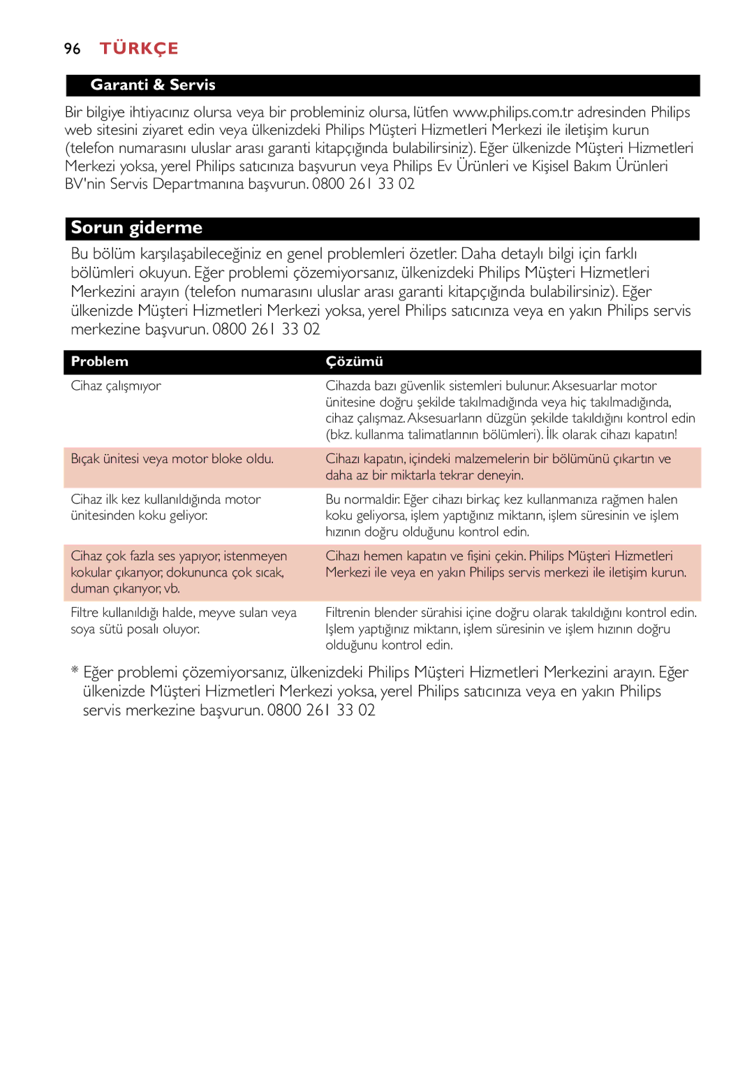 Philips HR1747, HR1741 manual Sorun giderme, 96 Türkçe, Garanti & Servis, Çözümü 