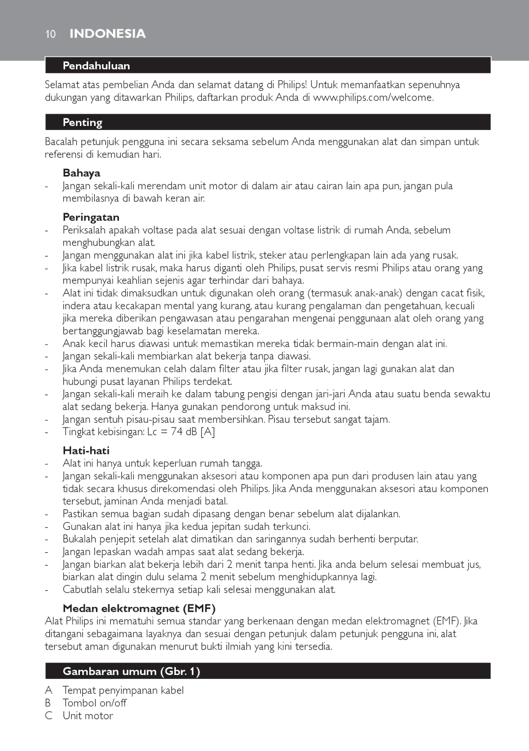 Philips HR1821 manual Indonesia, Pendahuluan Penting, Gambaran umum Gbr, Tempat penyimpanan kabel Tombol on/off Unit motor 