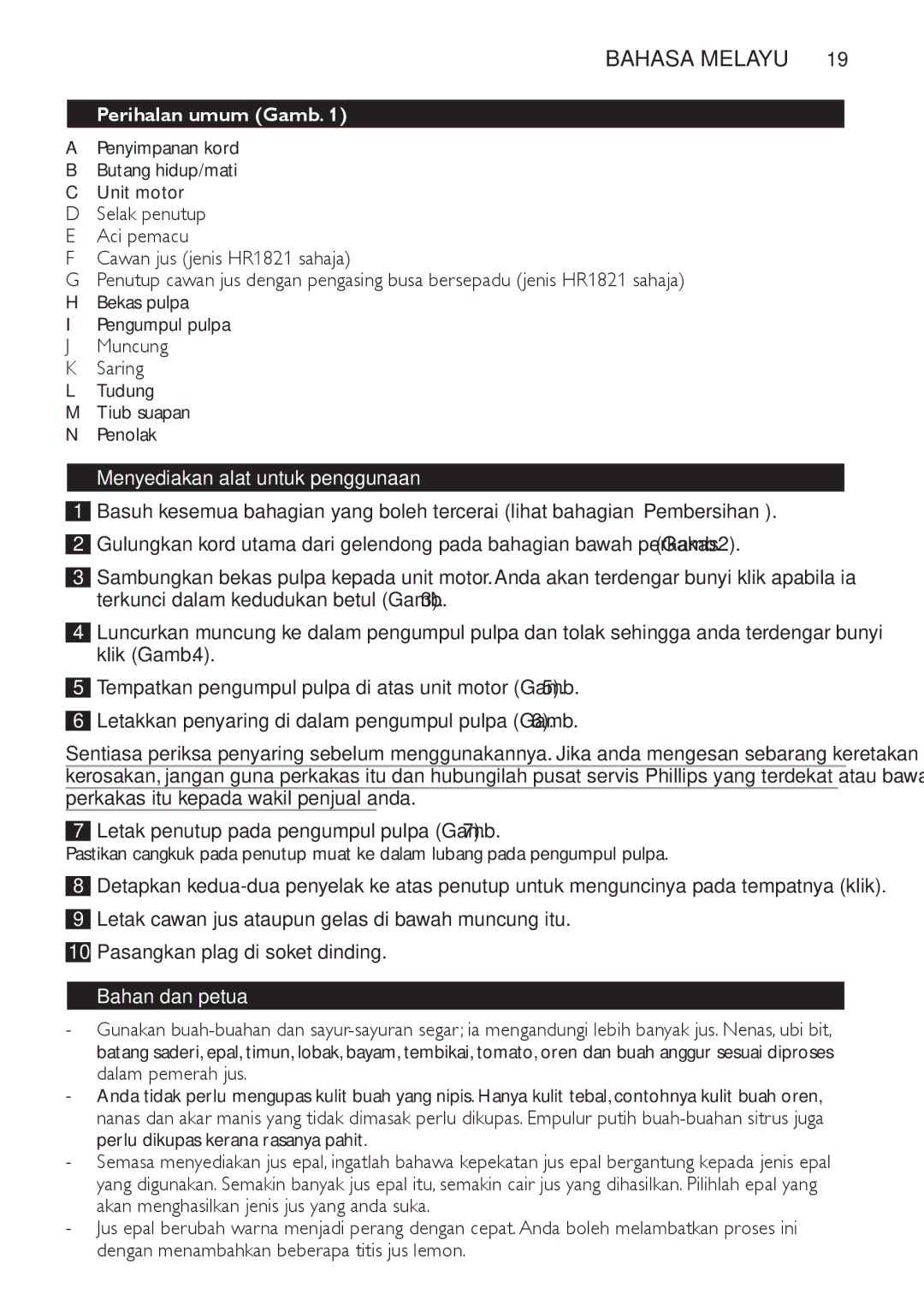 Philips HR1820 manual Perihalan umum Gamb, Penyimpanan kord Butang hidup/mati Unit motor, Menyediakan alat untuk penggunaan 