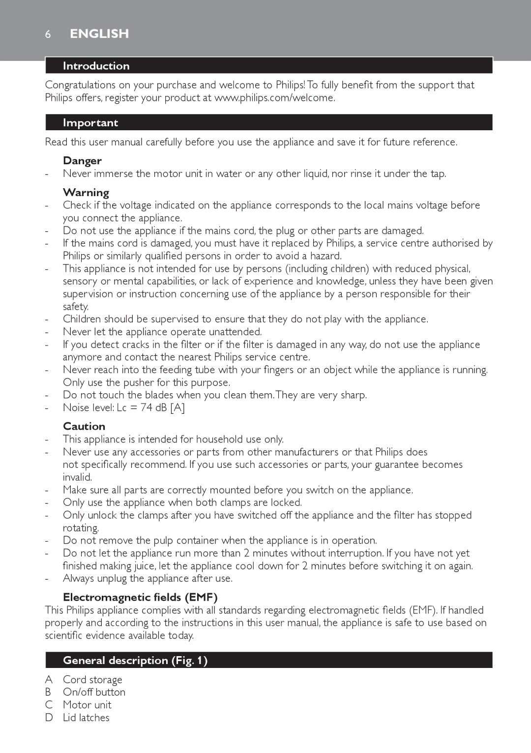 Philips HR1821, HR1820 manual English, Introduction, Always unplug the appliance after use, General description Fig 