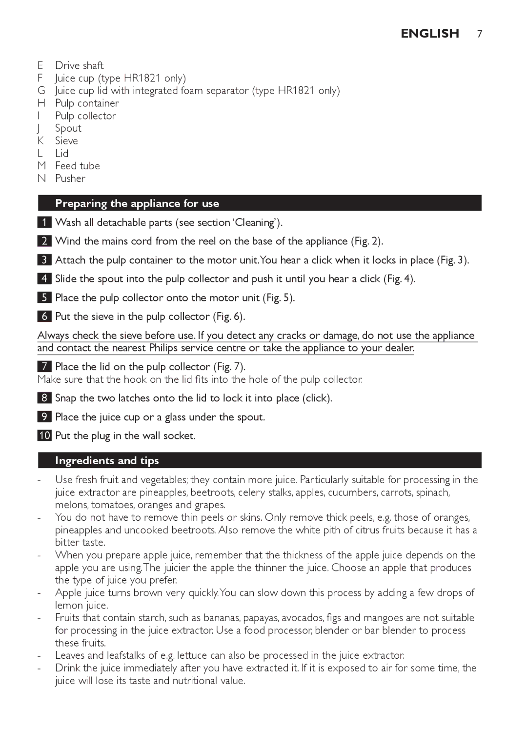 Philips HR1820, HR1821 manual Preparing the appliance for use, Ingredients and tips 