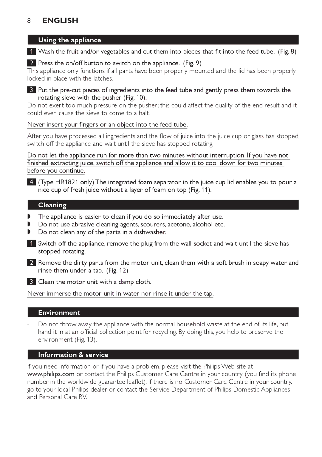 Philips HR1821, HR1820 manual Using the appliance, Cleaning, Environment, Information & service, Personal Care BV 
