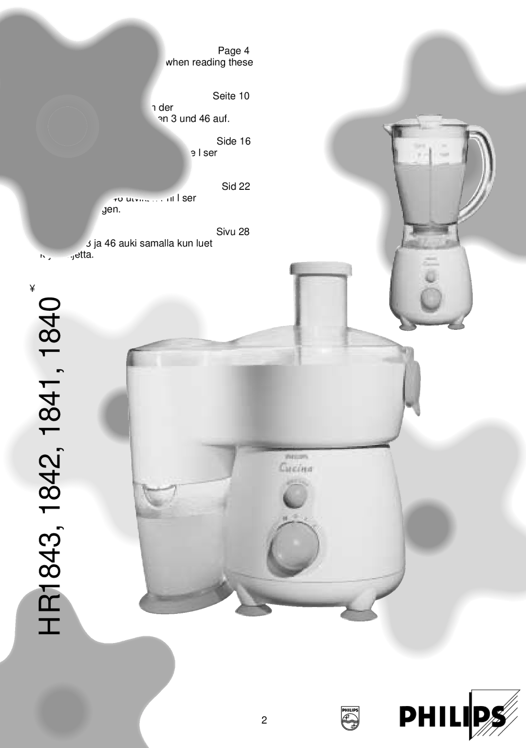 Philips HR1841, HR1843, HR1842, HR1840 manual English, Deutsch, Dansk, Svenska, Suomi, Ελληνικά, Türkçe 