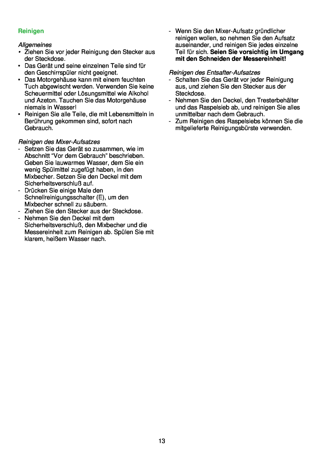 Philips HR1842, HR1843, HR1841, HR1840 manual Reinigen des Mixer-Aufsatzes, Reinigen des Entsafter-Aufsatzes, Allgemeines 