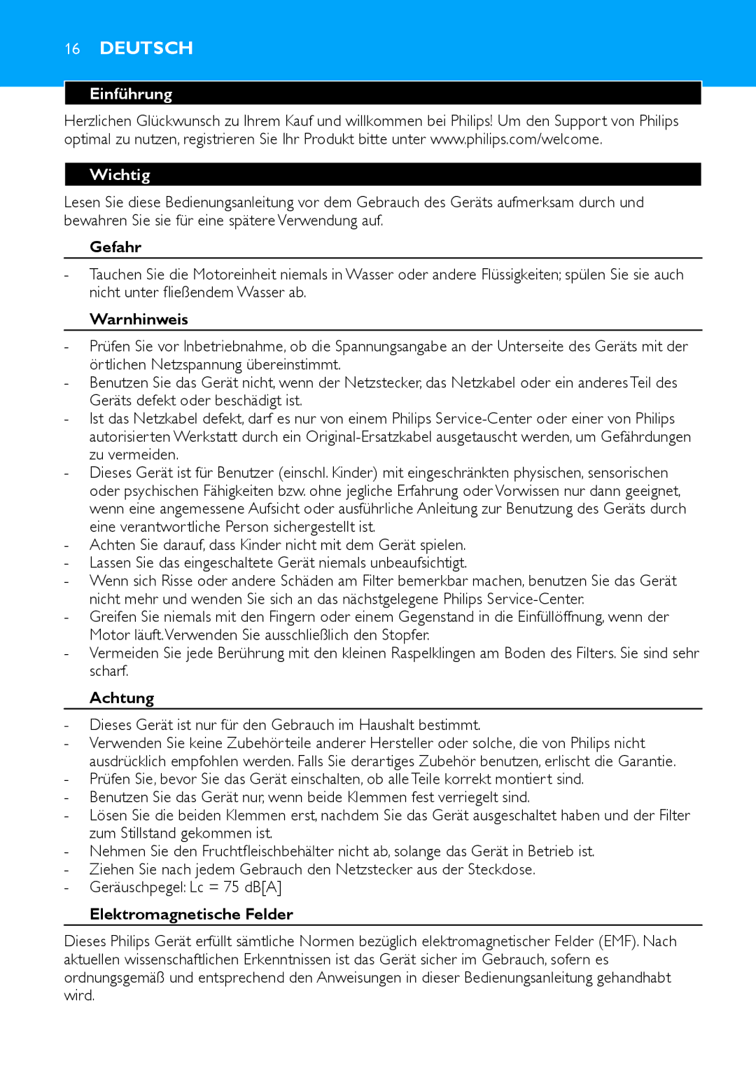 Philips HR1854, HR1853 manual Deutsch, Einführung Wichtig 