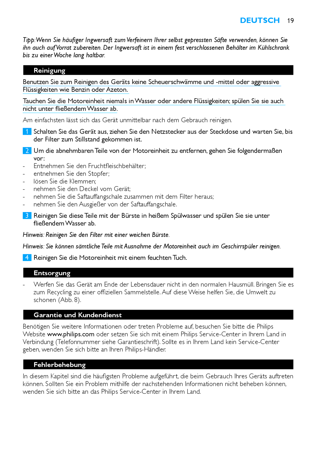 Philips HR1853, HR1854 manual Reinigung, Entsorgung, Garantie und Kundendienst, Fehlerbehebung 