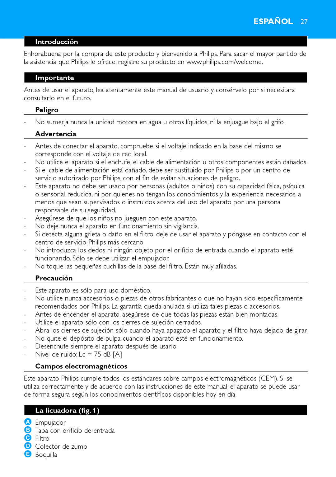 Philips HR1853, HR1854 manual Español, Introducción Importante, La licuadora fig 