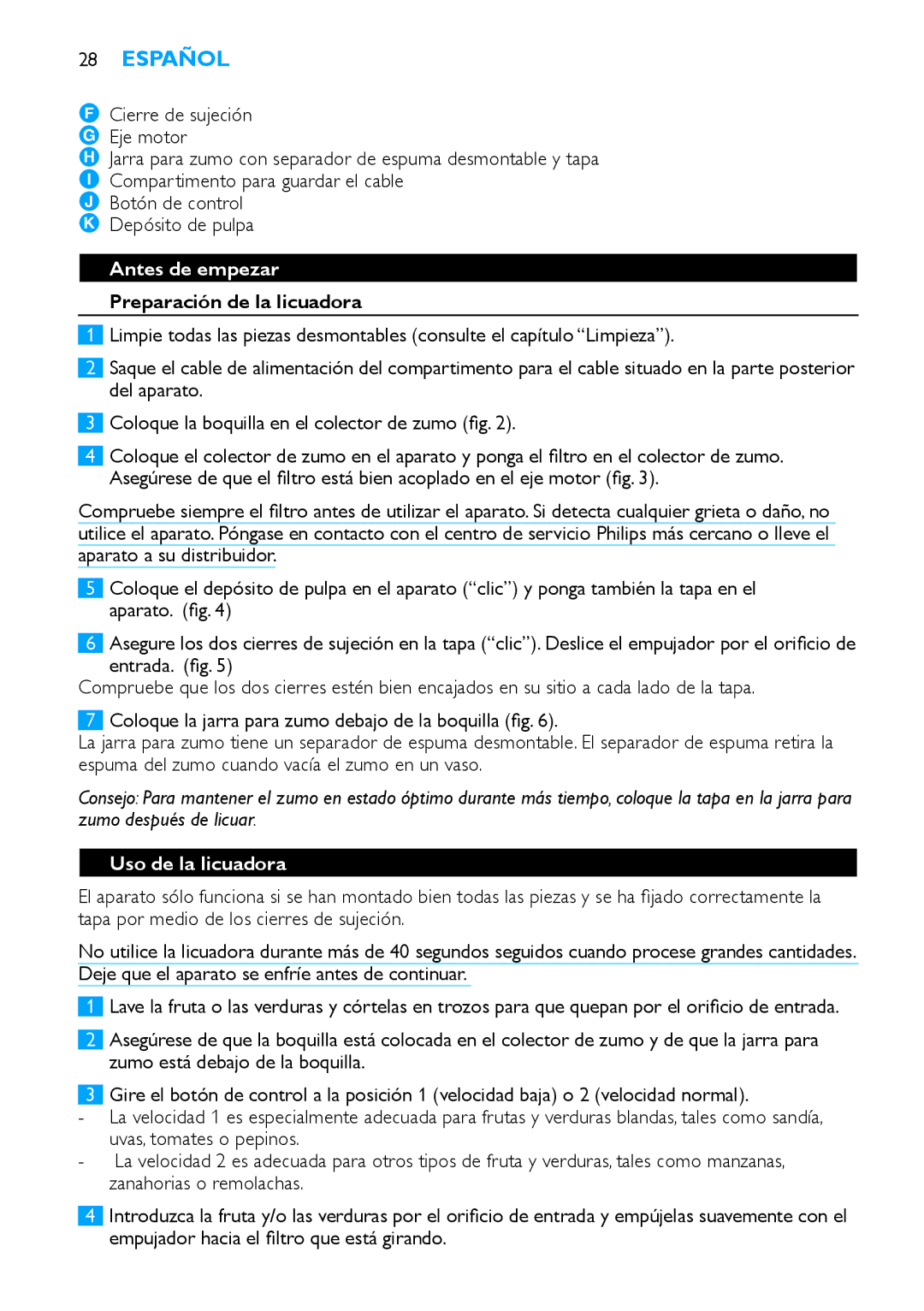 Philips HR1854, HR1853 manual Español, Antes de empezar, Preparación de la licuadora, Uso de la licuadora 