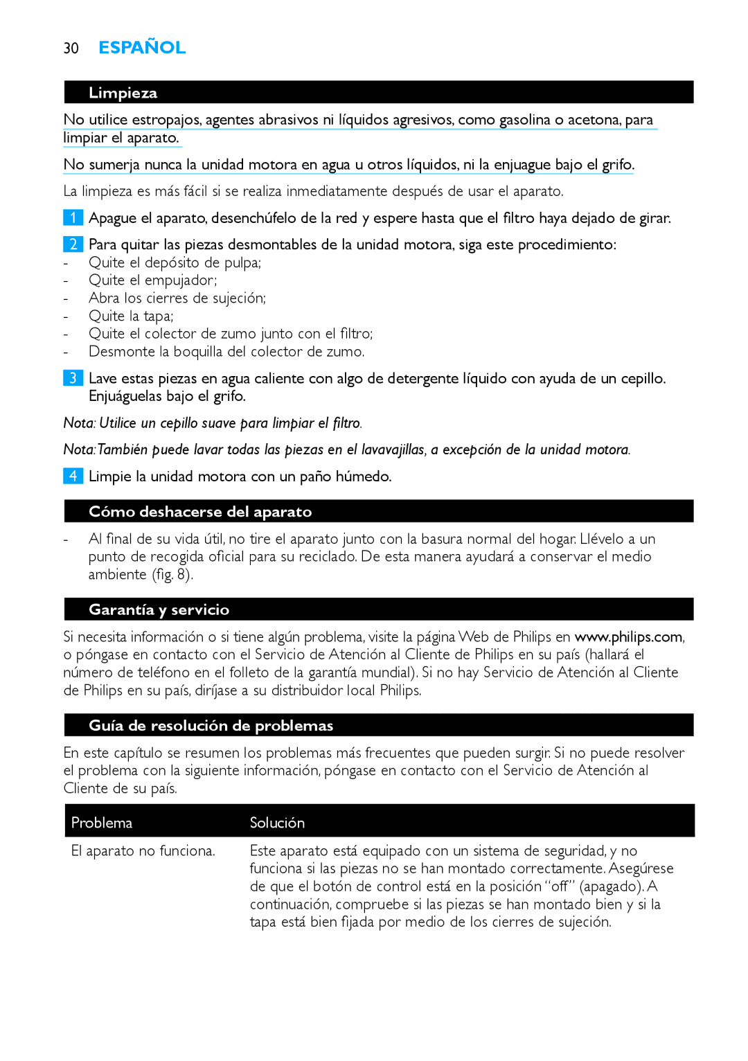 Philips HR1854, HR1853 manual Limpieza, Cómo deshacerse del aparato, Garantía y servicio Guía de resolución de problemas 