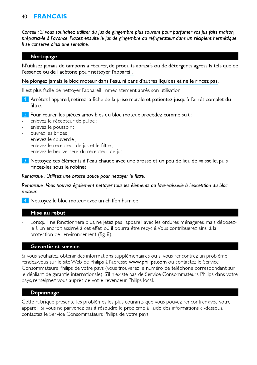 Philips HR1854 Nettoyage, Nettoyez le bloc moteur avec un chiffon humide, Mise au rebut, Garantie et service Dépannage 