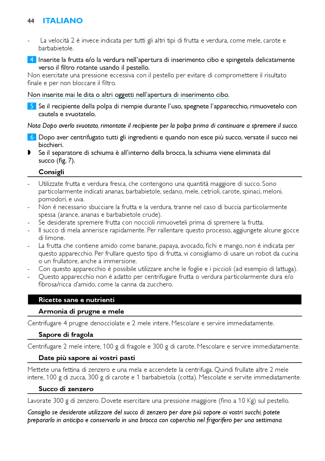 Philips HR1854, HR1853 manual Ricette sane e nutrienti 