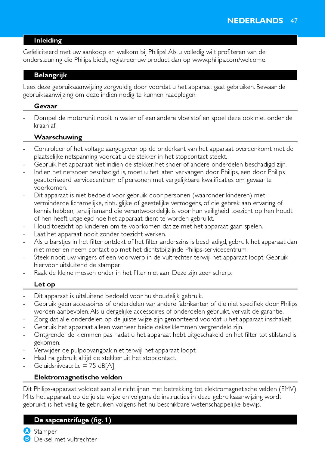 Philips HR1853, HR1854 manual Nederlands, Inleiding Belangrijk, De sapcentrifuge fig 