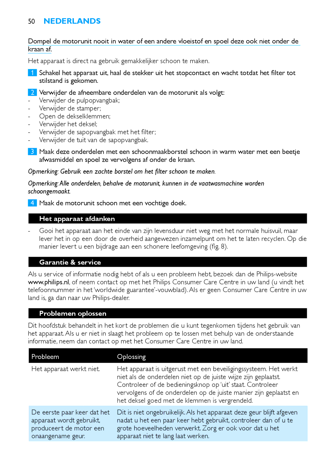 Philips HR1854, HR1853 manual Het apparaat afdanken, Garantie & service Problemen oplossen, Probleem Oplossing 