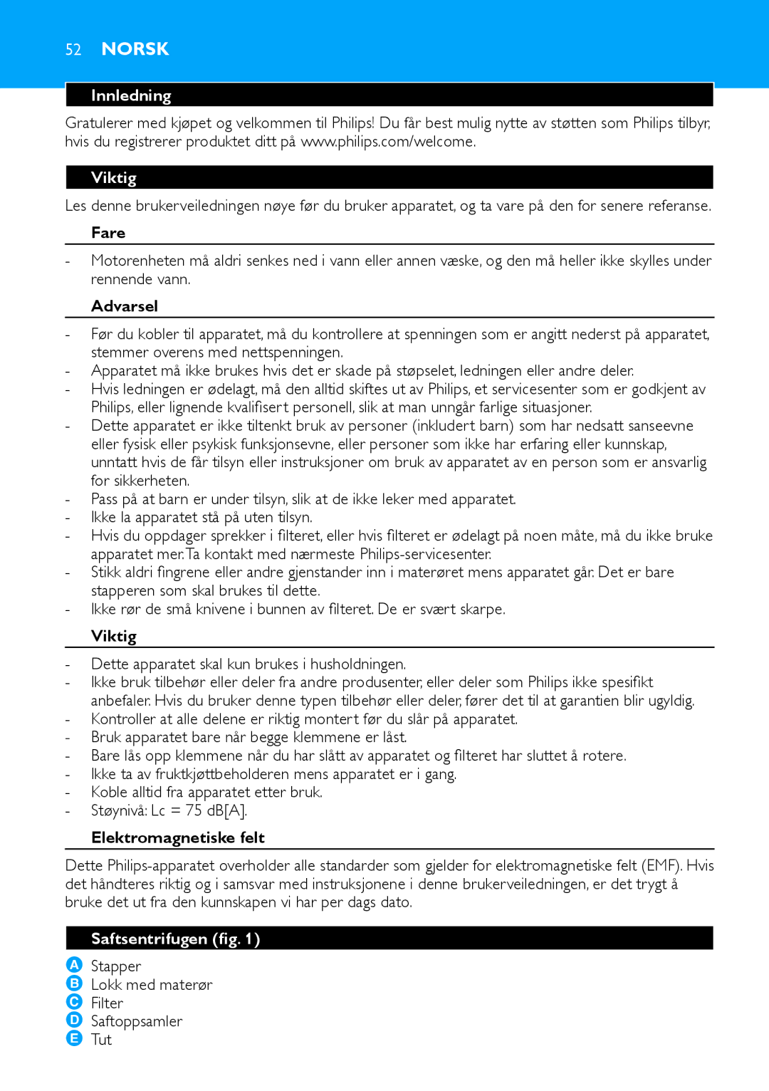 Philips HR1854, HR1853 manual Norsk, Innledning Viktig, Elektromagnetiske felt, Saftsentrifugen fig 