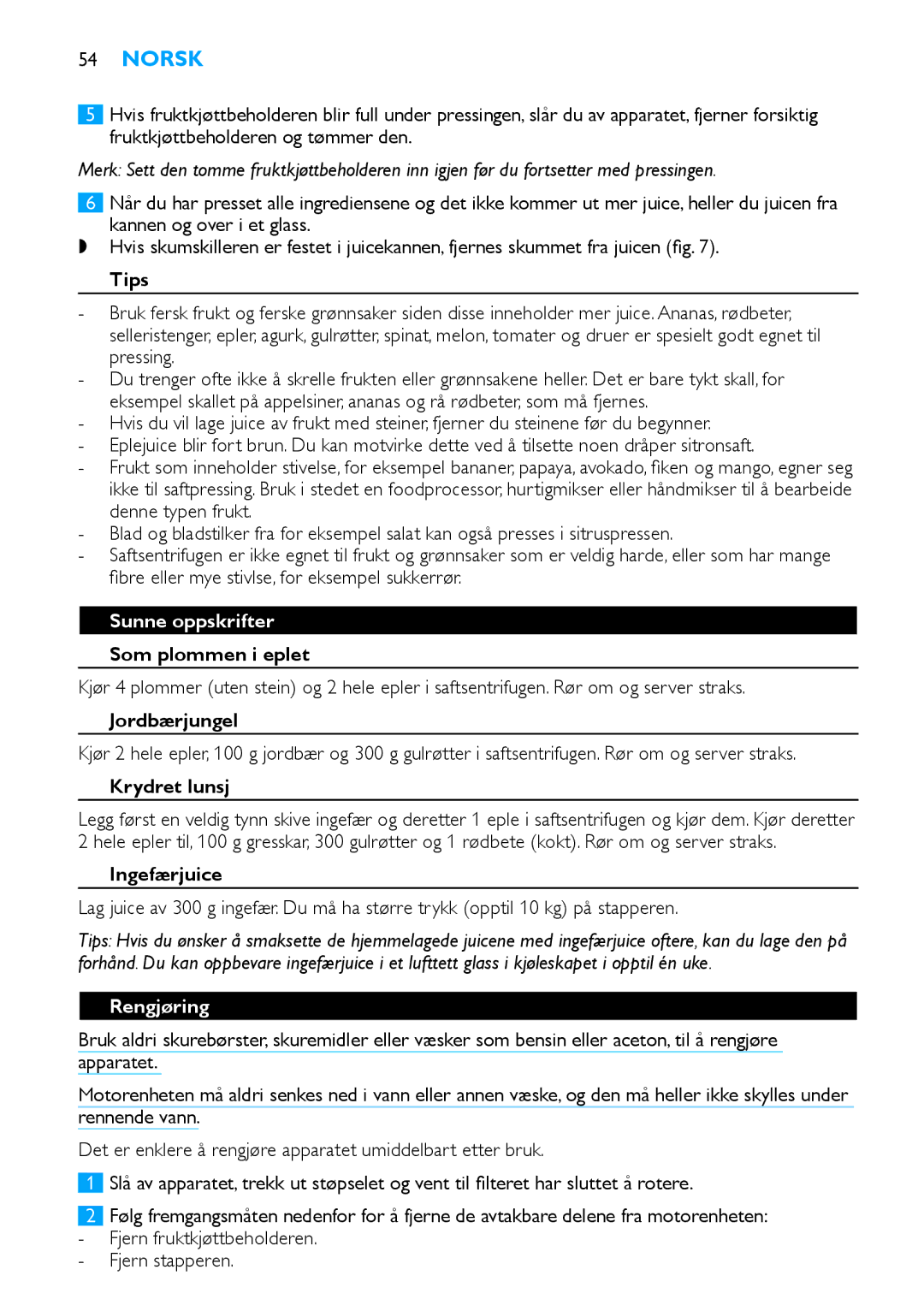 Philips HR1854, HR1853 manual Sunne oppskrifter, Som plommen i eplet, Jordbærjungel, Krydret lunsj, Rengjøring 