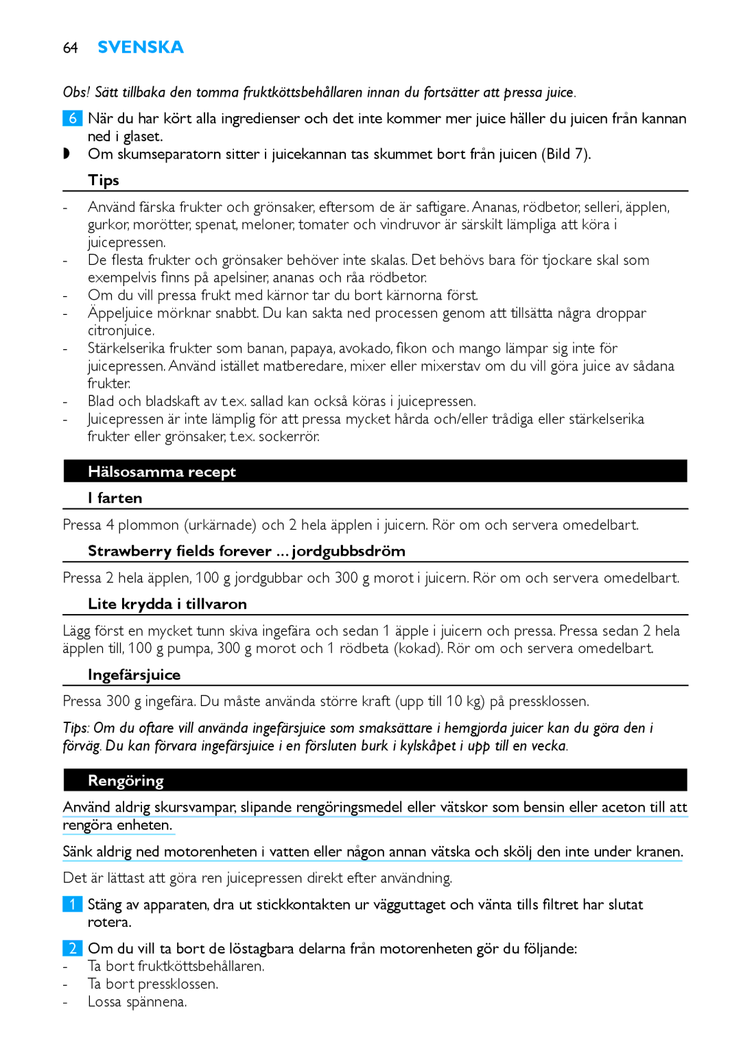 Philips HR1854, HR1853 manual Hälsosamma recept, Rengöring 