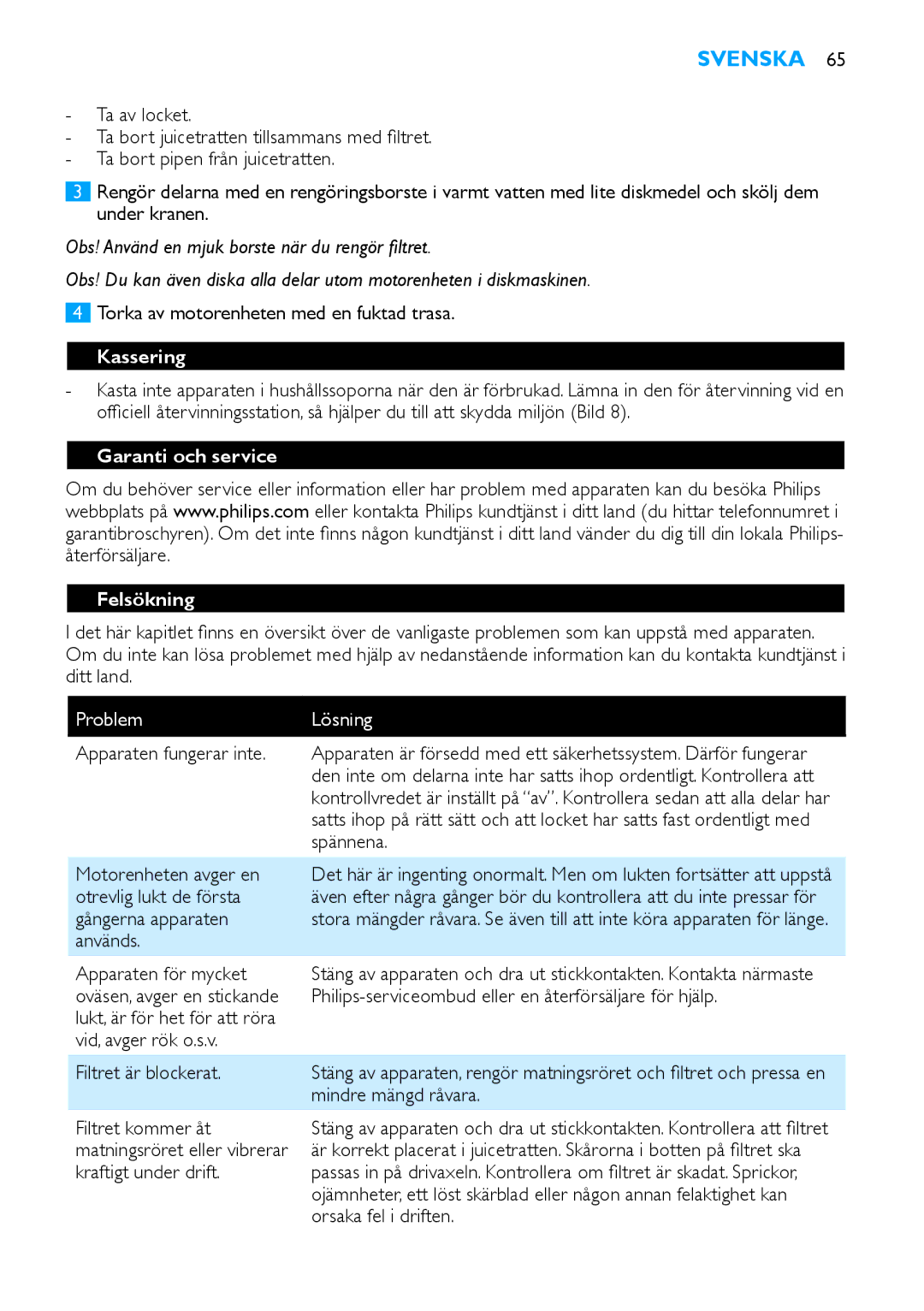 Philips HR1853, HR1854 manual Kassering, Garanti och service Felsökning, Problem Lösning 