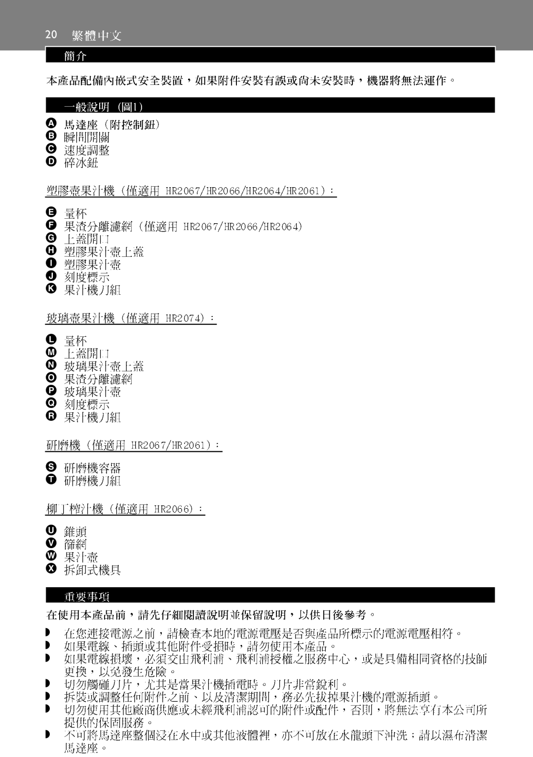 Philips HR2064, HR2067, HR2074, HR2061 manual 