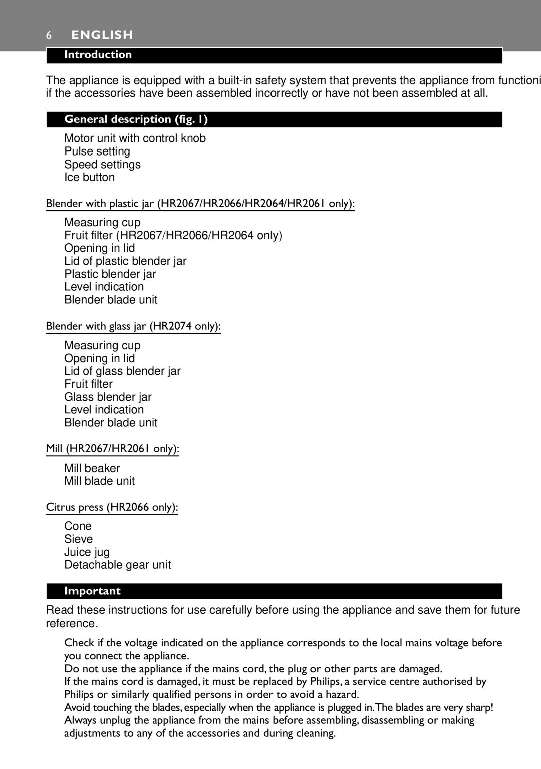 Philips HR2074, HR2064, HR2067, HR2061 manual Introduction, General description fig 