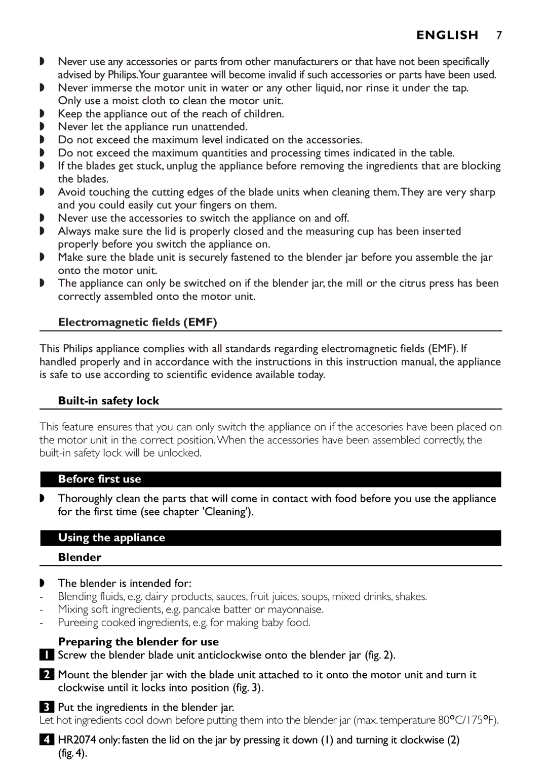 Philips HR2061, HR2064 manual Electromagnetic fields EMF Built-in safety lock, Before first use, Using the appliance Blender 