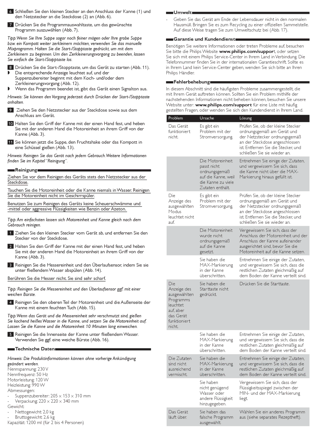 Philips HR2200 manual Reinigung, Technische Daten, Umwelt, Garantie und Kundendienst Fehlerbehebung 