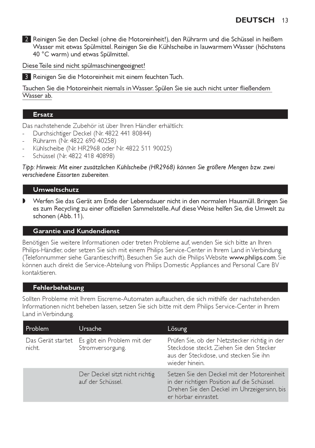 Philips HR2304 manual Ersatz, Umweltschutz, Garantie und Kundendienst, Fehlerbehebung, Problem Ursache Lösung 