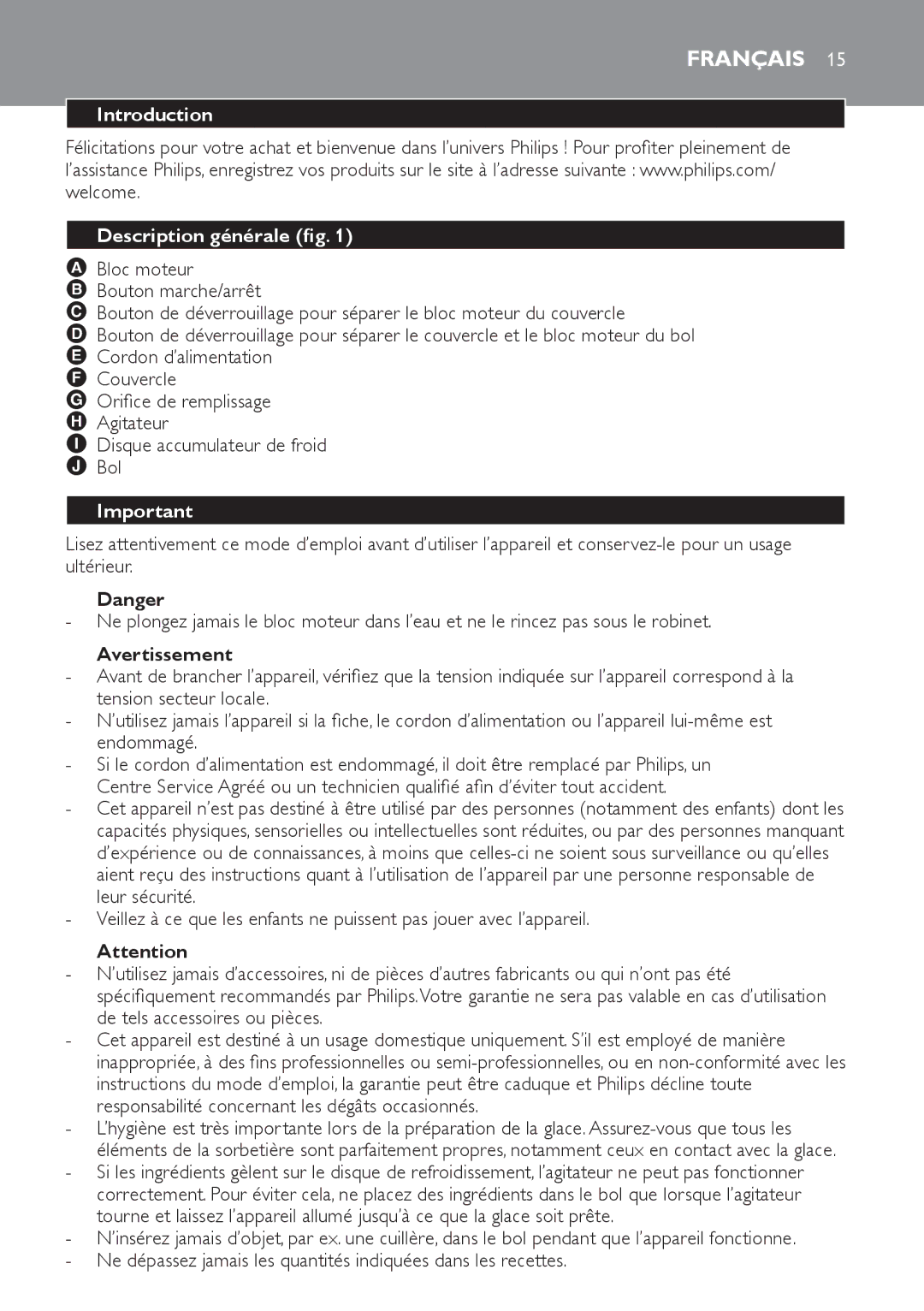 Philips HR2304 manual Français, Introduction Description générale fig, Avertissement 