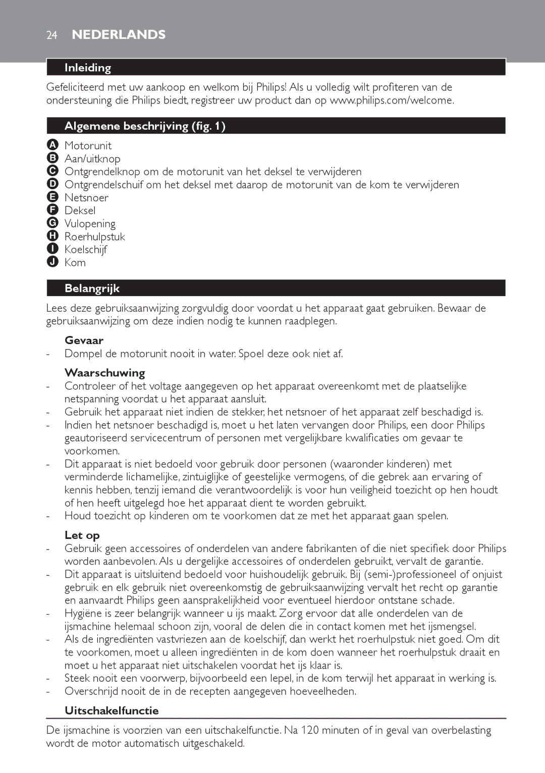 Philips HR2304 manual Nederlands, Inleiding Algemene beschrijving fig, Belangrijk 