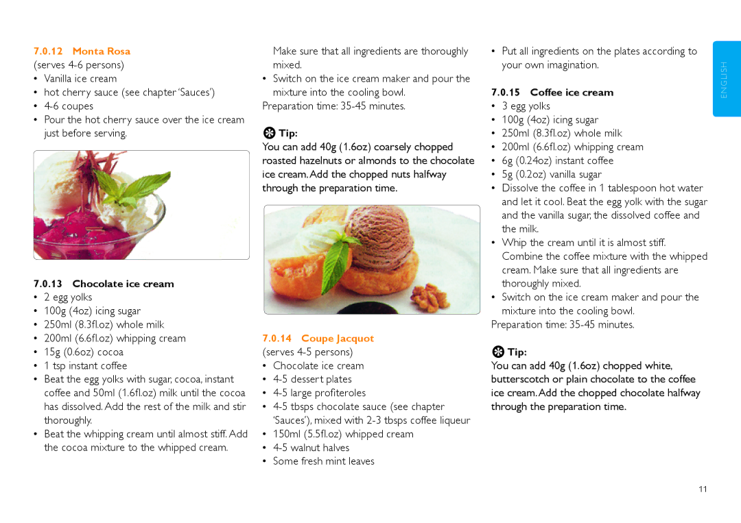 Philips HR2305 manual Make sure that all ingredients are thoroughly mixed, Chocolate ice cream, Coffee ice cream 