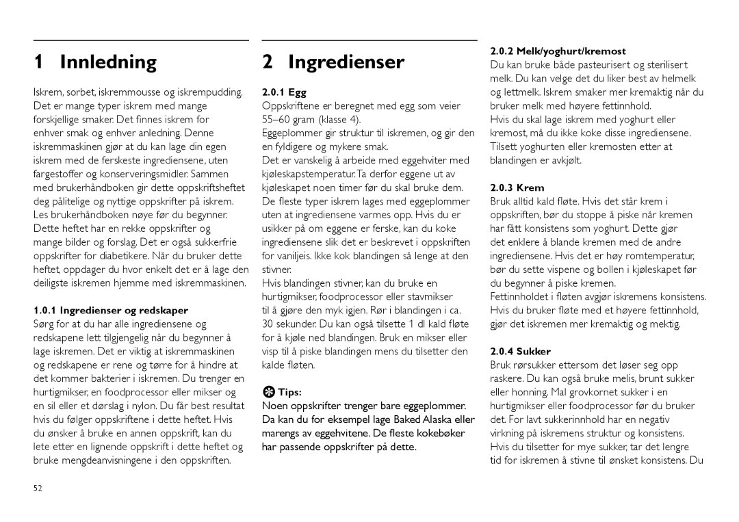Philips HR2305 manual Innledning, 1 Egg, Melk/yoghurt/kremost, Krem 