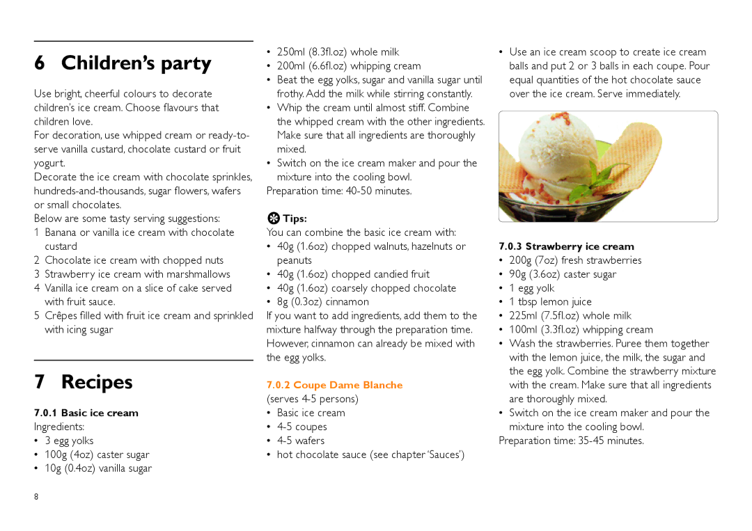 Philips HR2305 manual Children’s party, Recipes, Basic ice cream Ingredients, Tips, Strawberry ice cream 