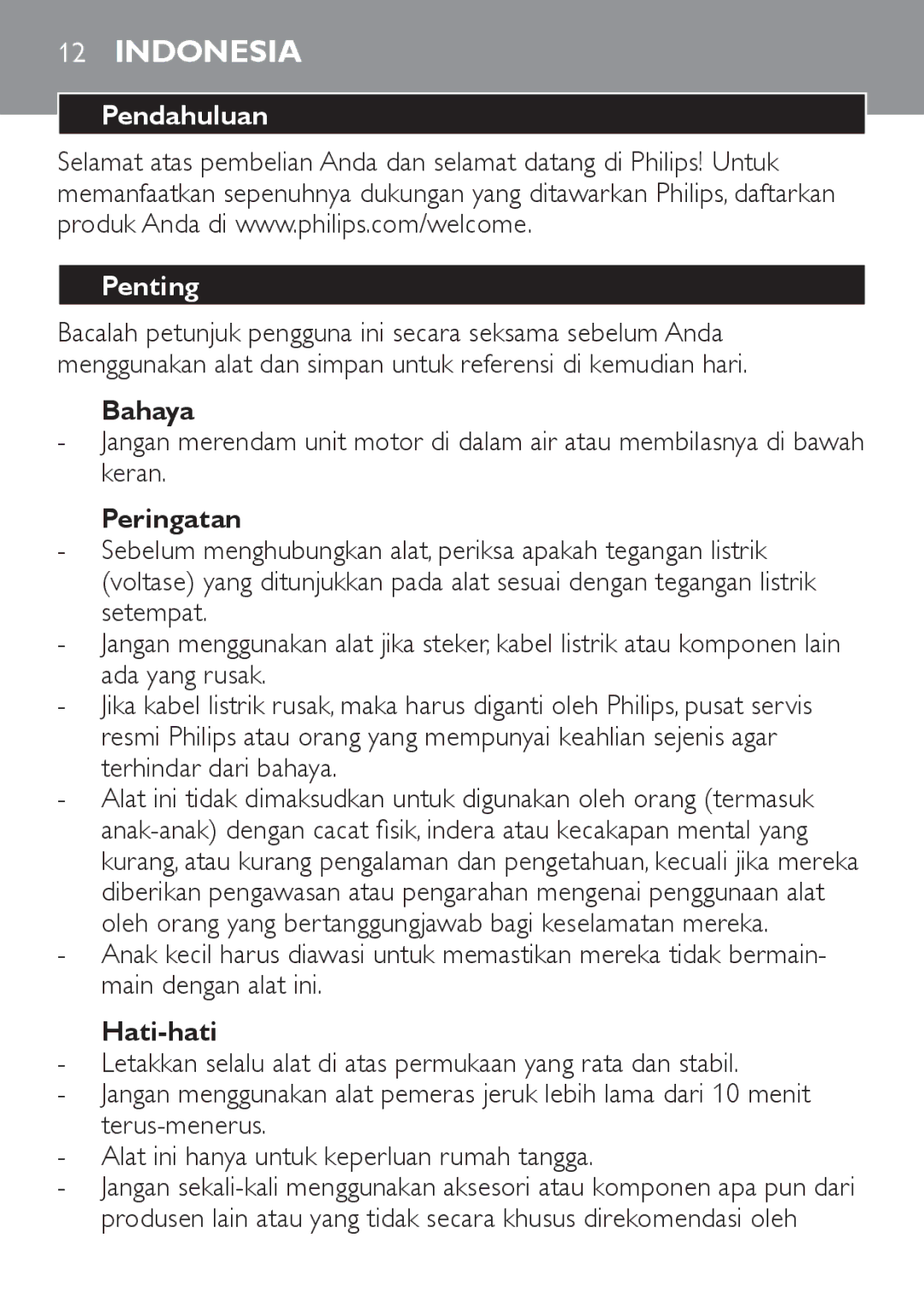 Philips HR2737 manual Indonesia, Pendahuluan Penting, Bahaya, Peringatan, Hati-hati 