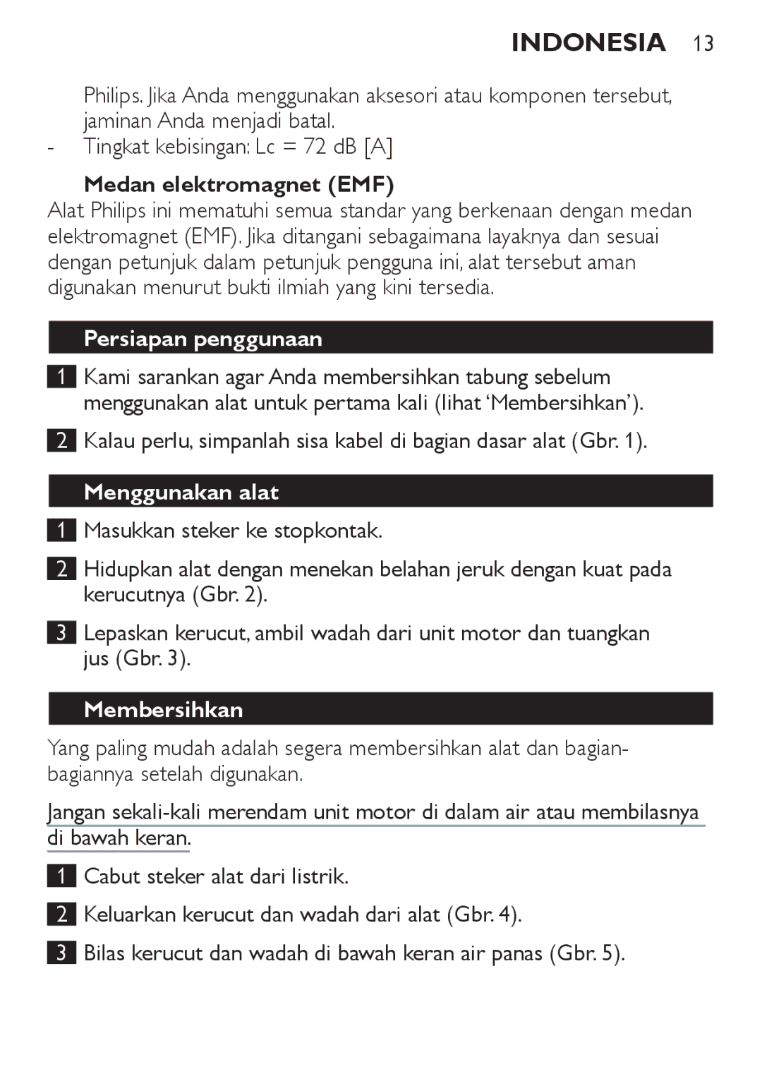 Philips HR2737 manual Medan elektromagnet EMF, Persiapan penggunaan, Menggunakan alat, Membersihkan 