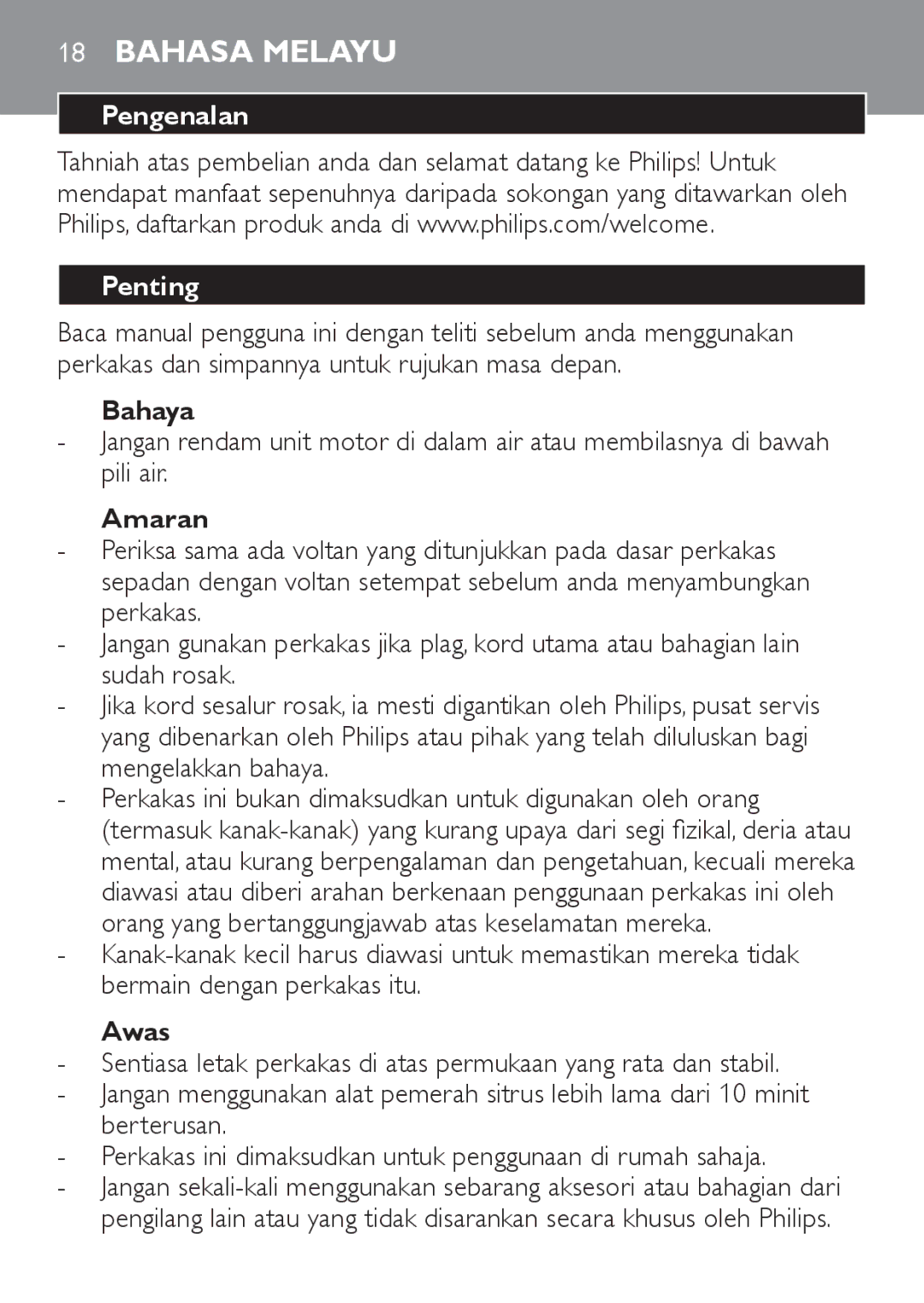 Philips HR2737 manual Bahasa Melayu, Pengenalan Penting, Amaran, Awas 