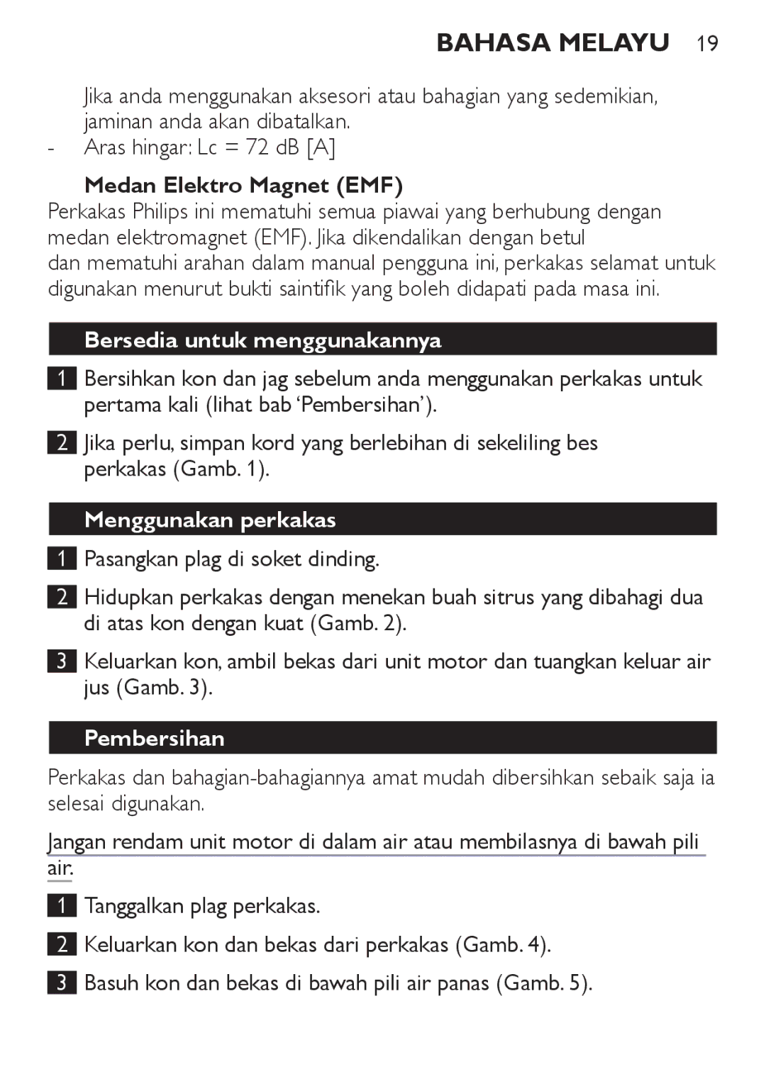 Philips HR2737 manual Medan Elektro Magnet EMF, Bersedia untuk menggunakannya, Menggunakan perkakas, Pembersihan 