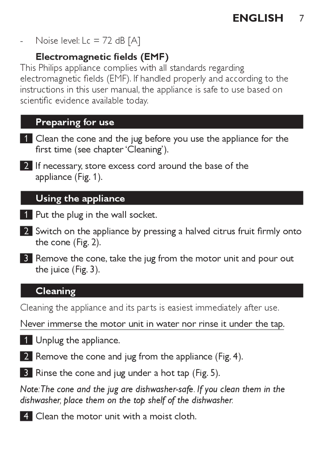 Philips HR2737 manual Electromagnetic fields EMF, Preparing for use, Using the appliance, Cleaning 