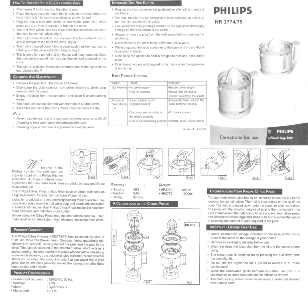 Philips HR2775, HR2774 manual 