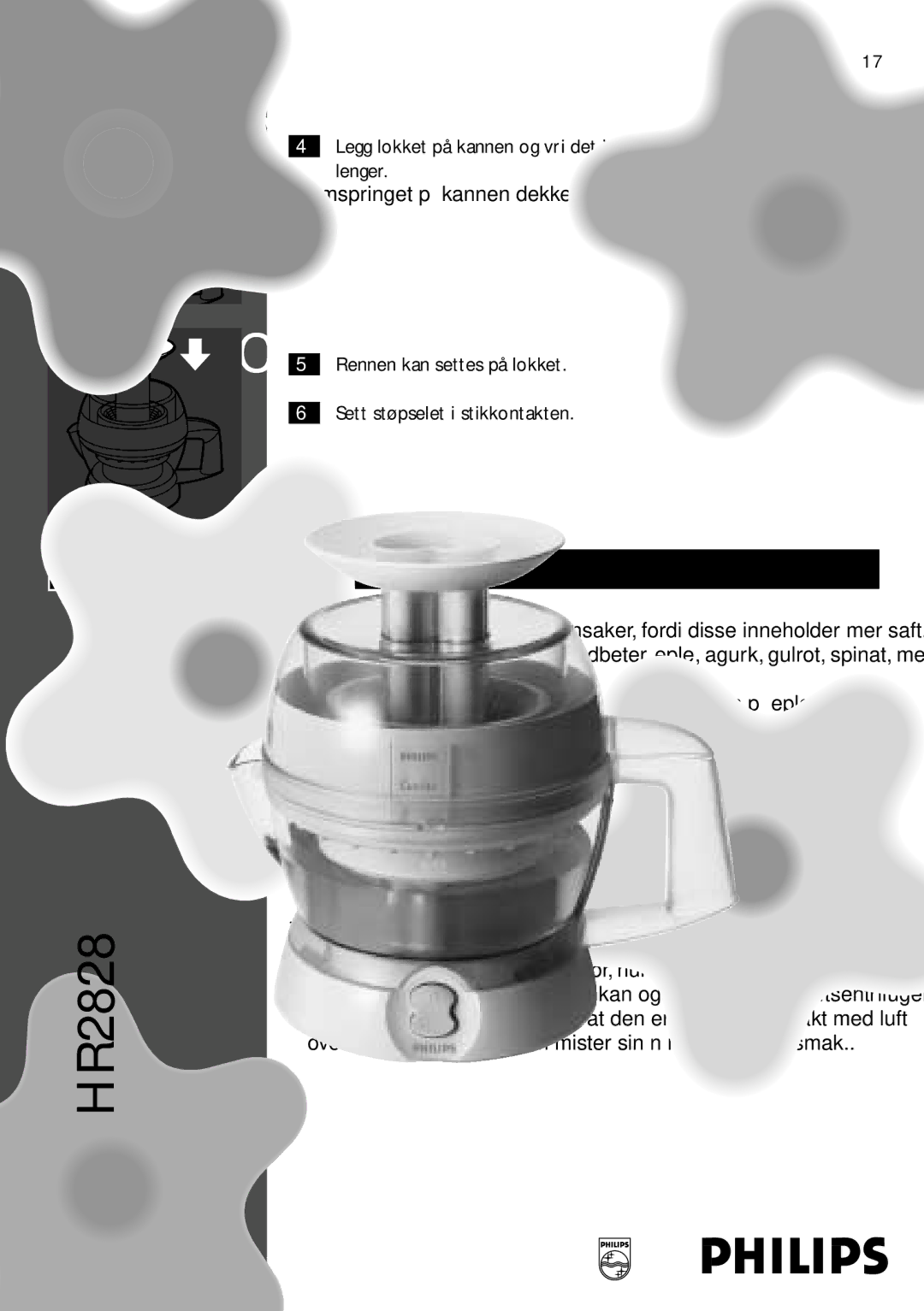 Philips HR2828 manual Ingredienser og tips, Norsk, Fremspringet på kannen dekker nå håndtaket på kannen 