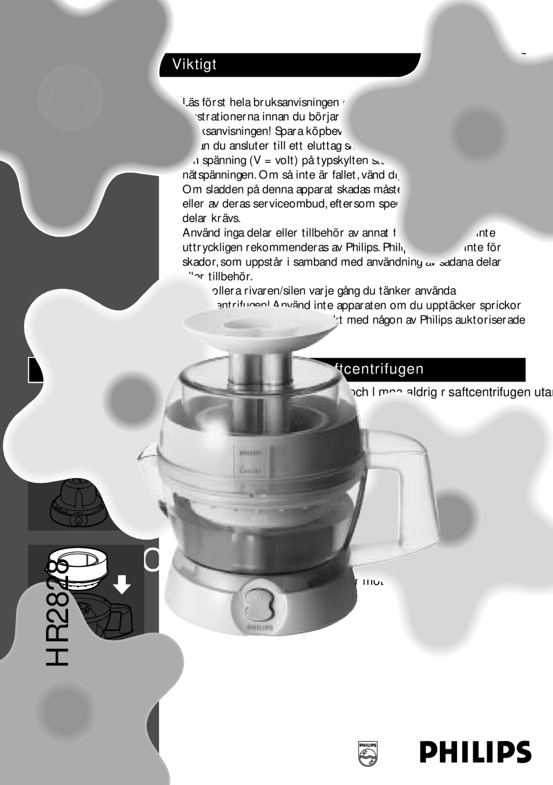 Philips HR2828 manual Viktigt, Innan du använder råsaftcentrifugen 