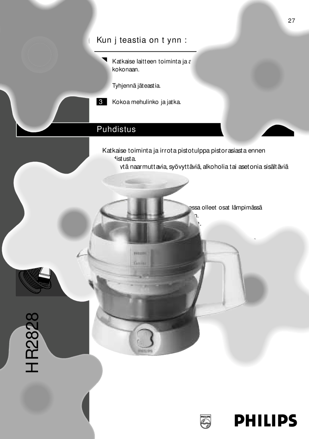 Philips HR2828 manual Kun jäteastia on täynnä, Puhdistus, Älä pese osia astianpesukoneessa 