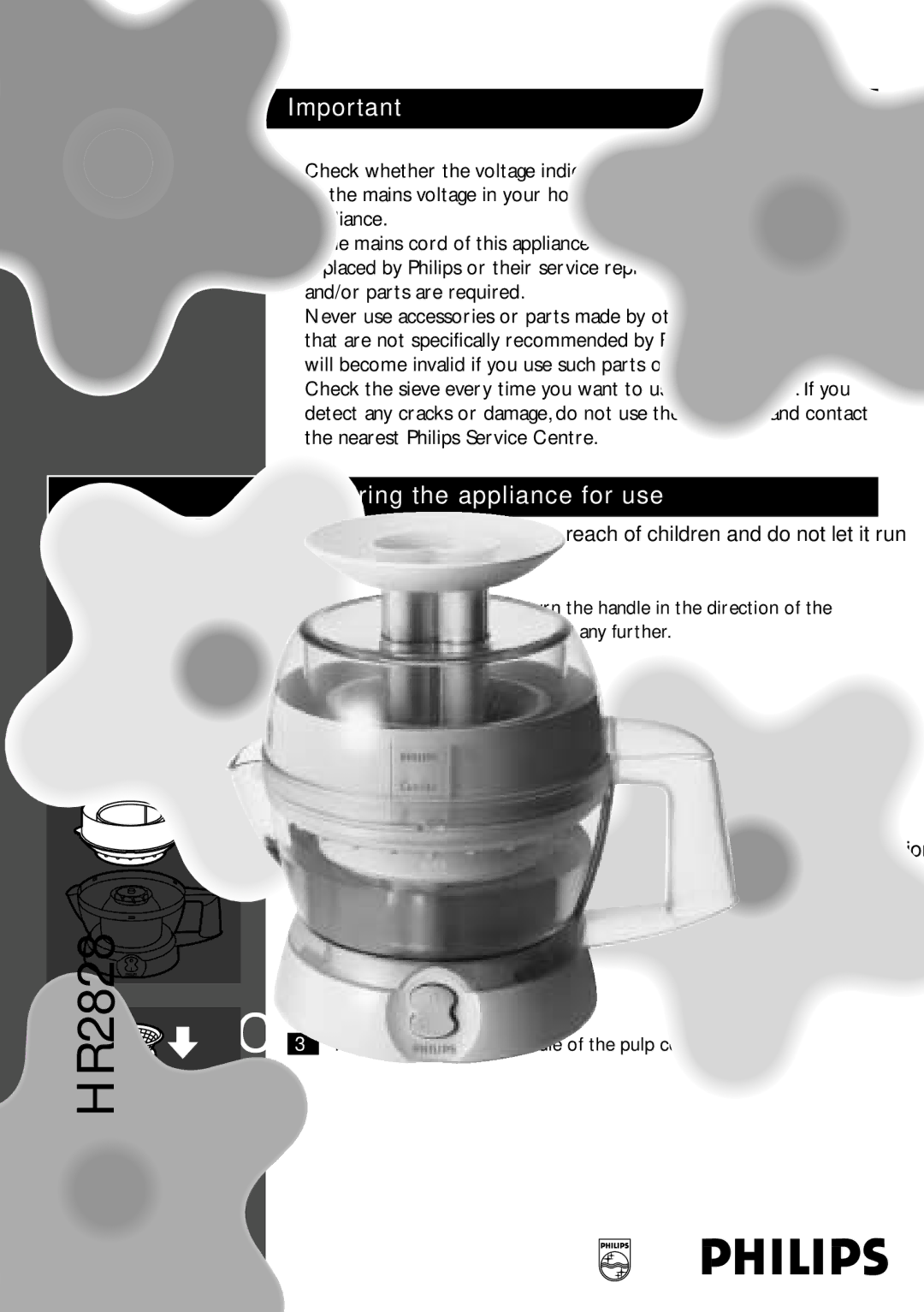 Philips HR2828 manual Preparing the appliance for use, English 