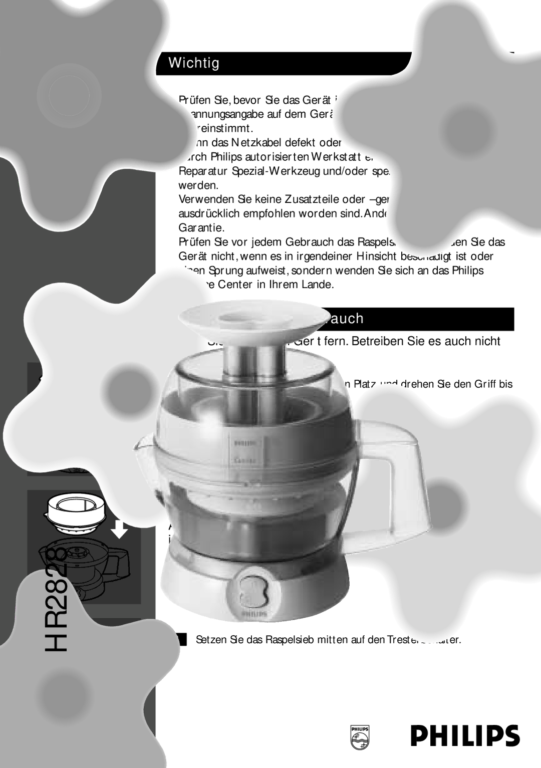 Philips HR2828 manual Wichtig, Vorbereitung zum Gebrauch 