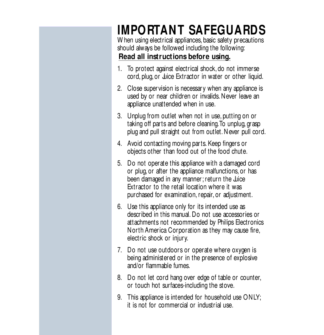 Philips HR2828 manual Important Safeguards 