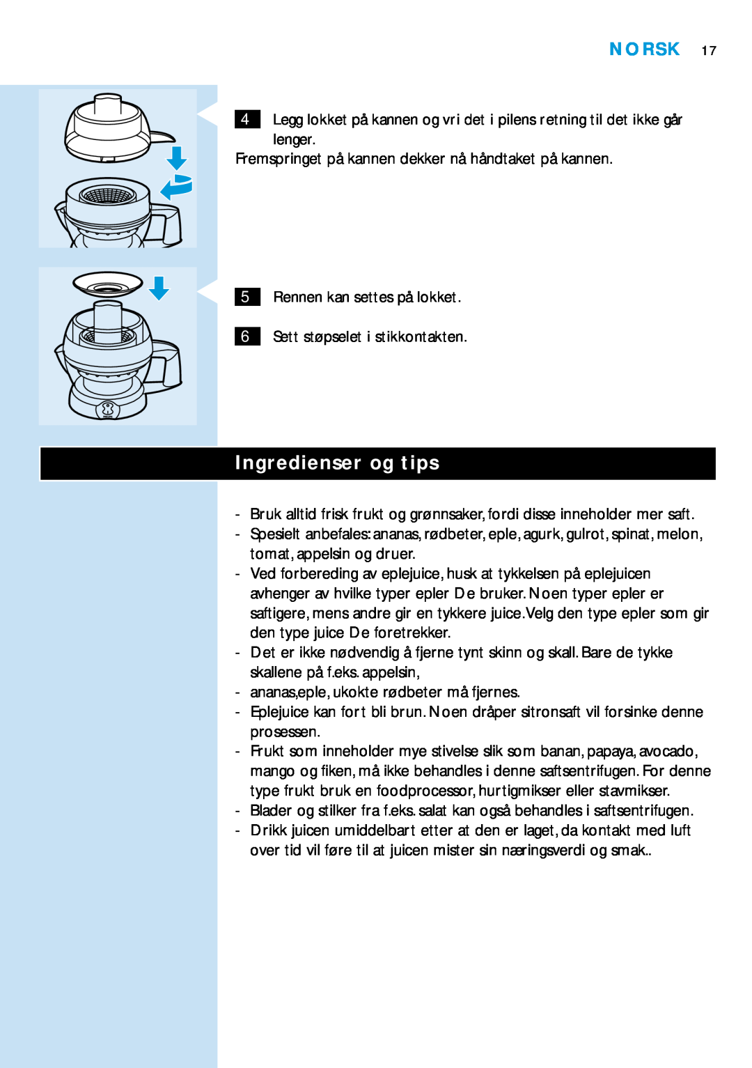 Philips HR2828 manual Ingredienser og tips, Norsk 