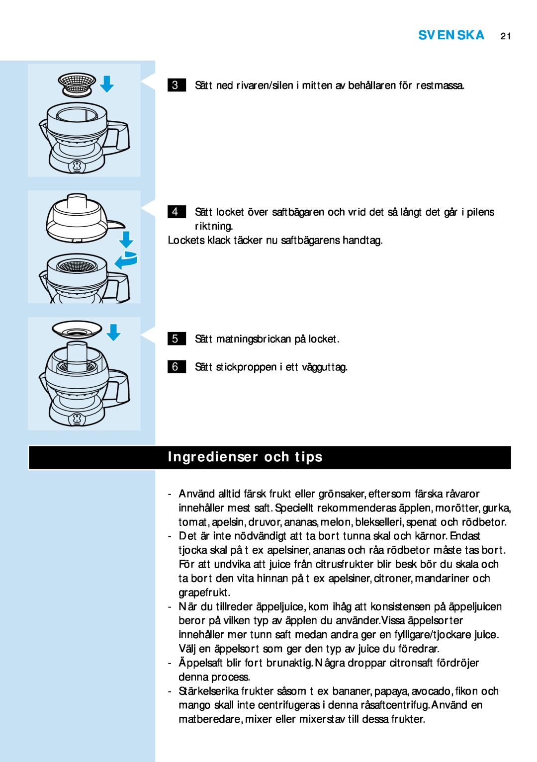 Philips HR2828 manual Ingredienser och tips, Svenska 