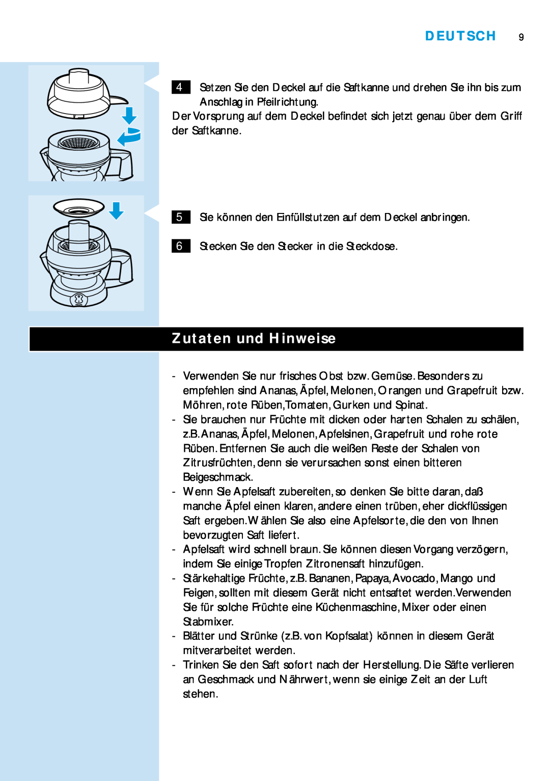 Philips HR2828 manual Zutaten und Hinweise, Deutsch 