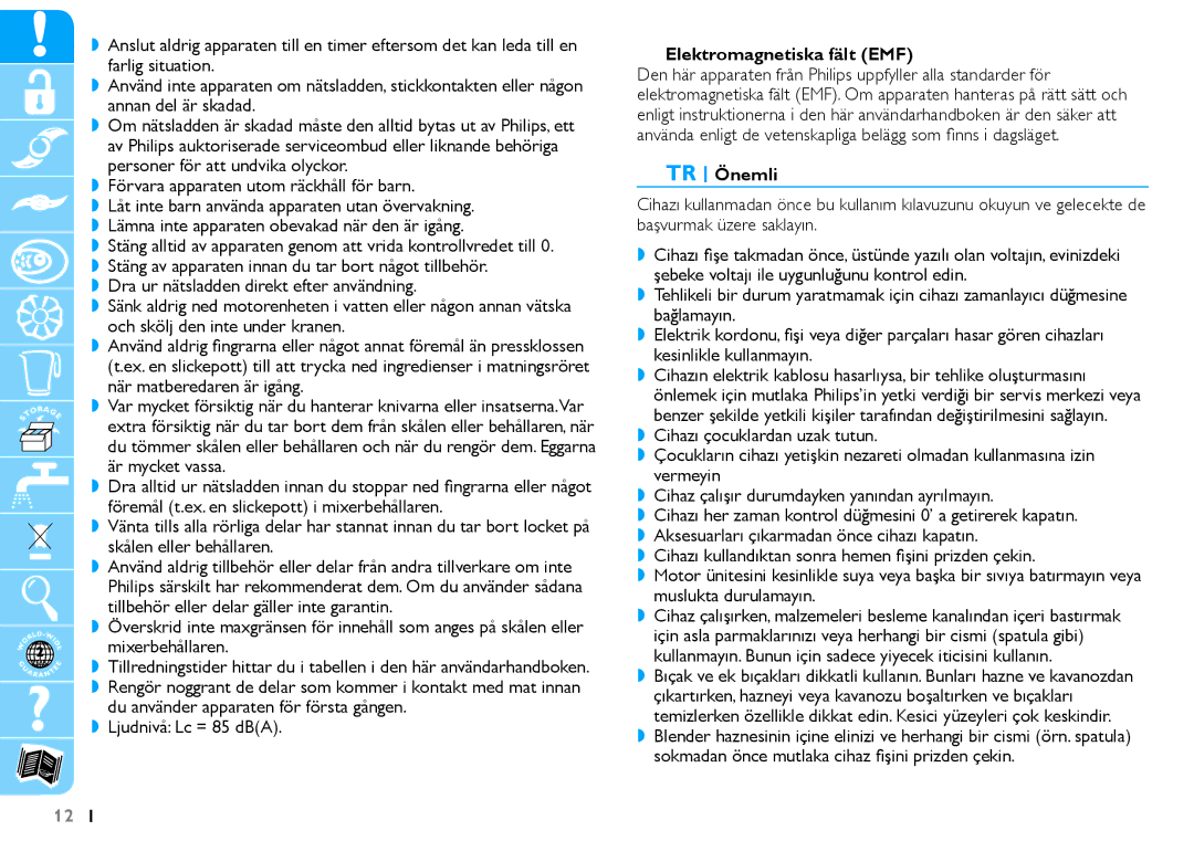 Philips HR7625 manual Elektromagnetiska fält EMF, TR Önemli 