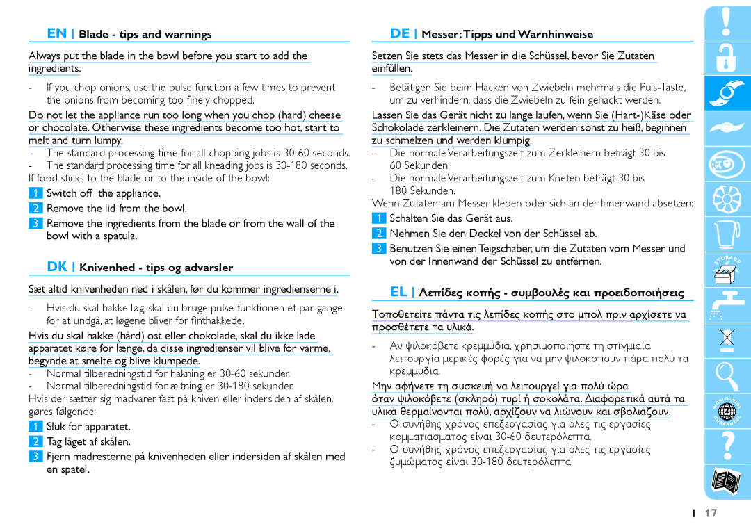 Philips HR7625 manual EN Blade tips and warnings, DK Knivenhed tips og advarsler, DE MesserTipps und Warnhinweise 