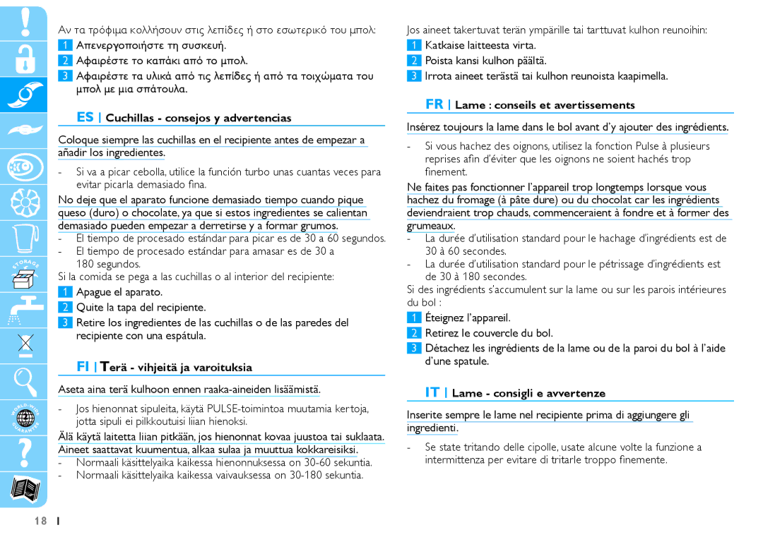 Philips HR7625 ES Cuchillas consejos y advertencias, FI Terä vihjeitä ja varoituksia, FR Lame conseils et avertissements 